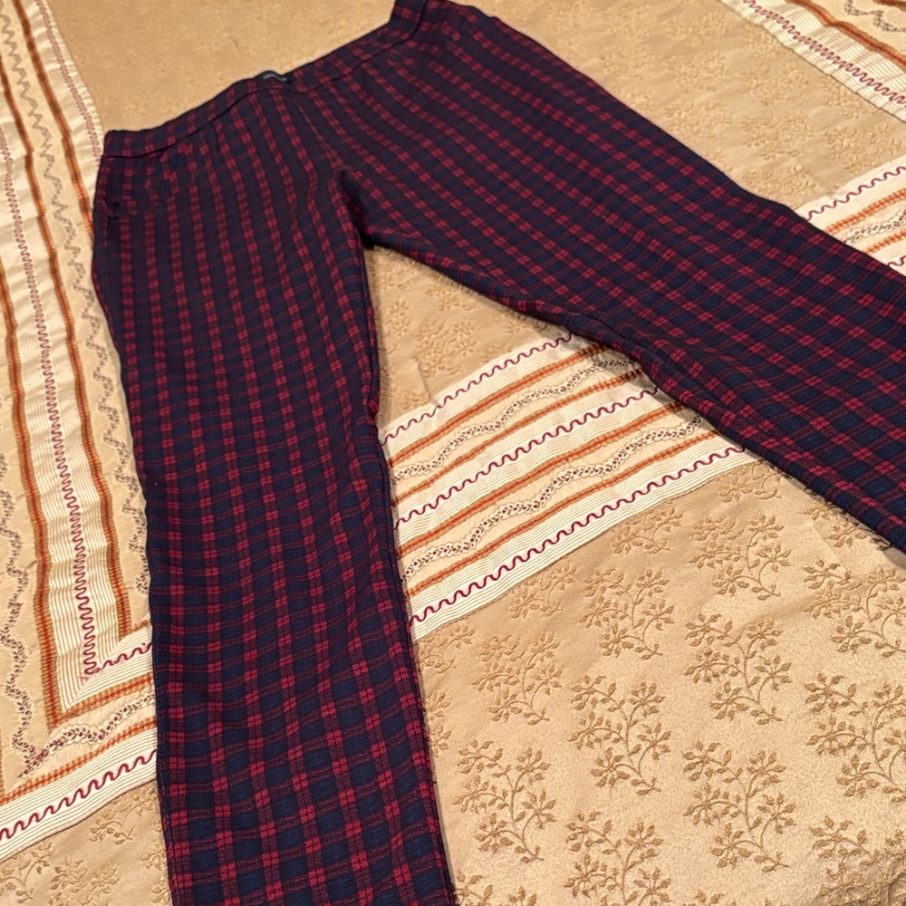 NWOT SanctuaryXAnthropologie Red/Blue Plaid Pants, Poly Blend, Skinny Ankle, S